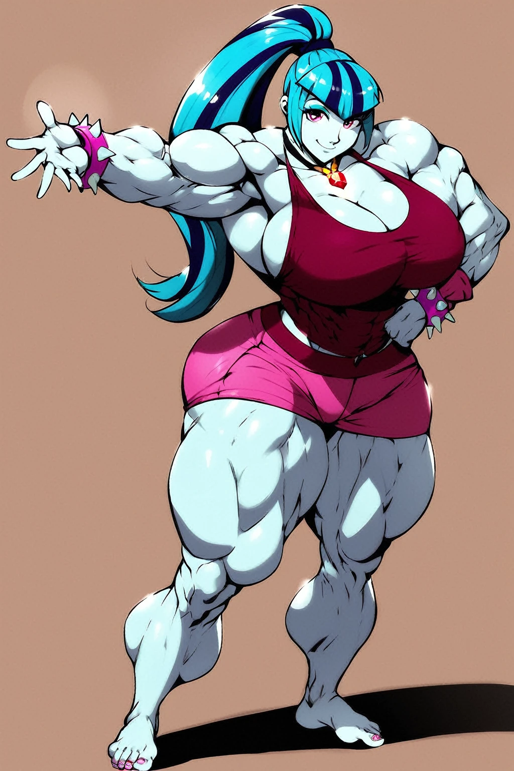 nda, (sonata dusk:1.3), my little pony, g4, (equestria girls), solo, human, colored skin, blue skin, magenta eyes, turquoise eyeshadow, eyelashes, lidded eyes, closed mouth, multicoloured hair, two tone hair, long hair, ponytail, muscular female, huge muscles, vein bulge, busty, huge breasts, trapezius, collarbone, pectorals,  armpits, deltoids, biceps, triceps, forearm_muscles, hands, palms, fingers, 5 fingers, serratus, abs, obliques, linea alba, navel, wide hips, butt, quads, thick thighs, calves, feet, toes, toenails, soles, clothing, necklace, siren gem, bracelets, spiked wristbands, underwear, pink short shirt, cleavage, sleeveless, midriff, pink panties, barefoot, standing, hand_on_own_hip, simple background, score_9, score_8_up, score_7_up, score_6_up, score_5_up, score_4_up, rating_explicit, spotlight