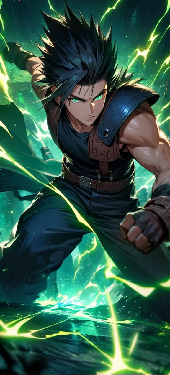 Symetrical,absurdres, highres, ultra detailed, HDR, masterpiece, extremely detailed face and eyes, zack,final fantasy 7,black hair , , solo, man, handsome, ,, , Epic fight scene,black lightning effect, glowing glitters, ,green flames effect, green aura effect, green splashing, surrounded by green energy