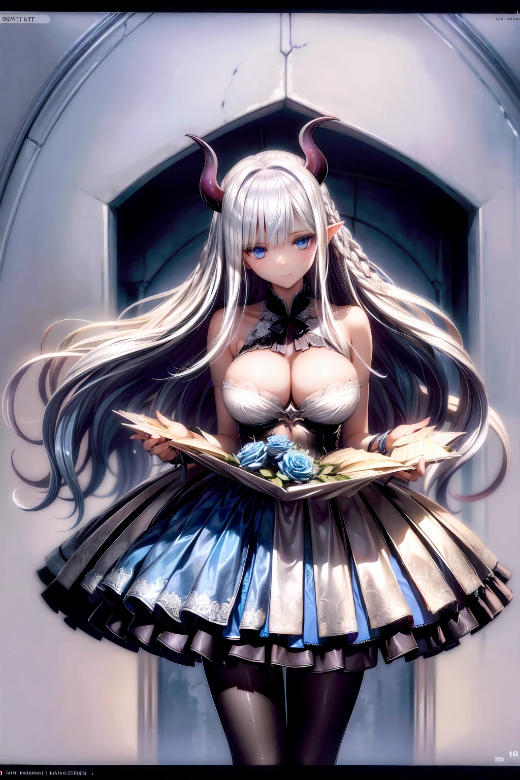 (((1 demoness))), ((detailed blue eyes)), ((long silver hair)), , curvy , perfectly drawn body,  smile, white dress, adorned with blue roses, casting spells, best quality, masterpiece, ultra-detailed