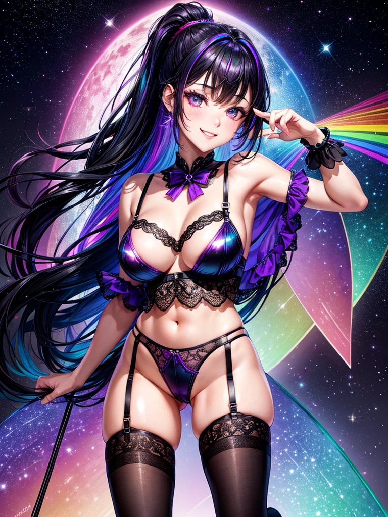 Highest quality,Highest Resolution,４K quality,Smiling beautiful girl,Full body close-up,Starry Eyes,Black hair ponytail,,Iridescent Bra,Iridescent underwear,High leg,Rainbow garter belt,Rainbow colored knee-high stockings,Dark bedroom at night,Purple bedding,Iridescent underwear,Standing posture,