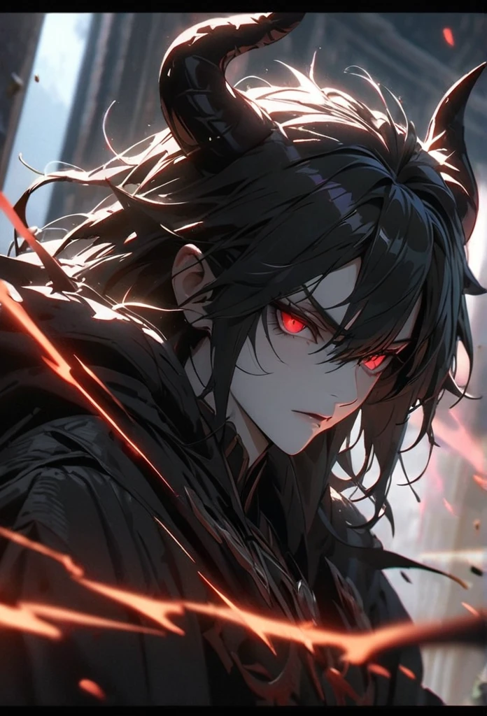 (solo), Demon lord, masculine, black hair, messy hair, mane hair, medium hair, A man bun with long hair, dense hair, wild hair, expressive hair, mature,(25 year old), pale skin, red eyes, ((man)), wearing a black robe, black armor, black demon horns,, serious, handsome, attractive, eye reflection, depth of field, thunder aura,cinematic lighting, ray tracing, depth of field, cinematic lighting, ray tracing, UHD, high details, best quality, highres, high quality, award winning, super detail, masterpiece, 8k, UHD, high details, best quality, highres, high quality, award winning, super detail, masterpiece, 8k, digital art, anime coloring, full body, body shot, good face, perfect face, detailed face, good eyes, sitting on a throne