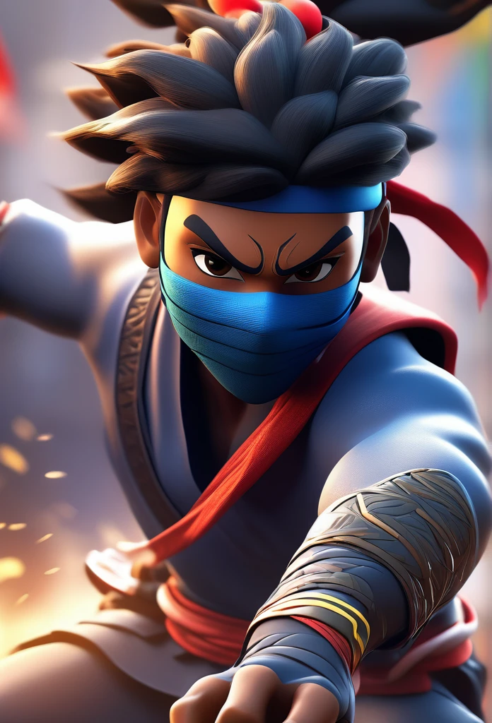 A captivating 3D in different poses rendering of a small, black Brazilian male character, dressed like a ninja, showcases impressive agility and strength. The character performs dynamic attack poses with confidence and determination, exuding a sense of national pride and identity through the ninja mask, which is highlighted by a vibrant Brazilian flag. The dark and enigmatic background accentuates the character's exceptional abilities, making him the center of attention. This mesmerizing avatar design is perfect for a profile photo in the Legends mobile game, blending illustration and 3D rendering to create a truly immersive experience., illustration, 3d render