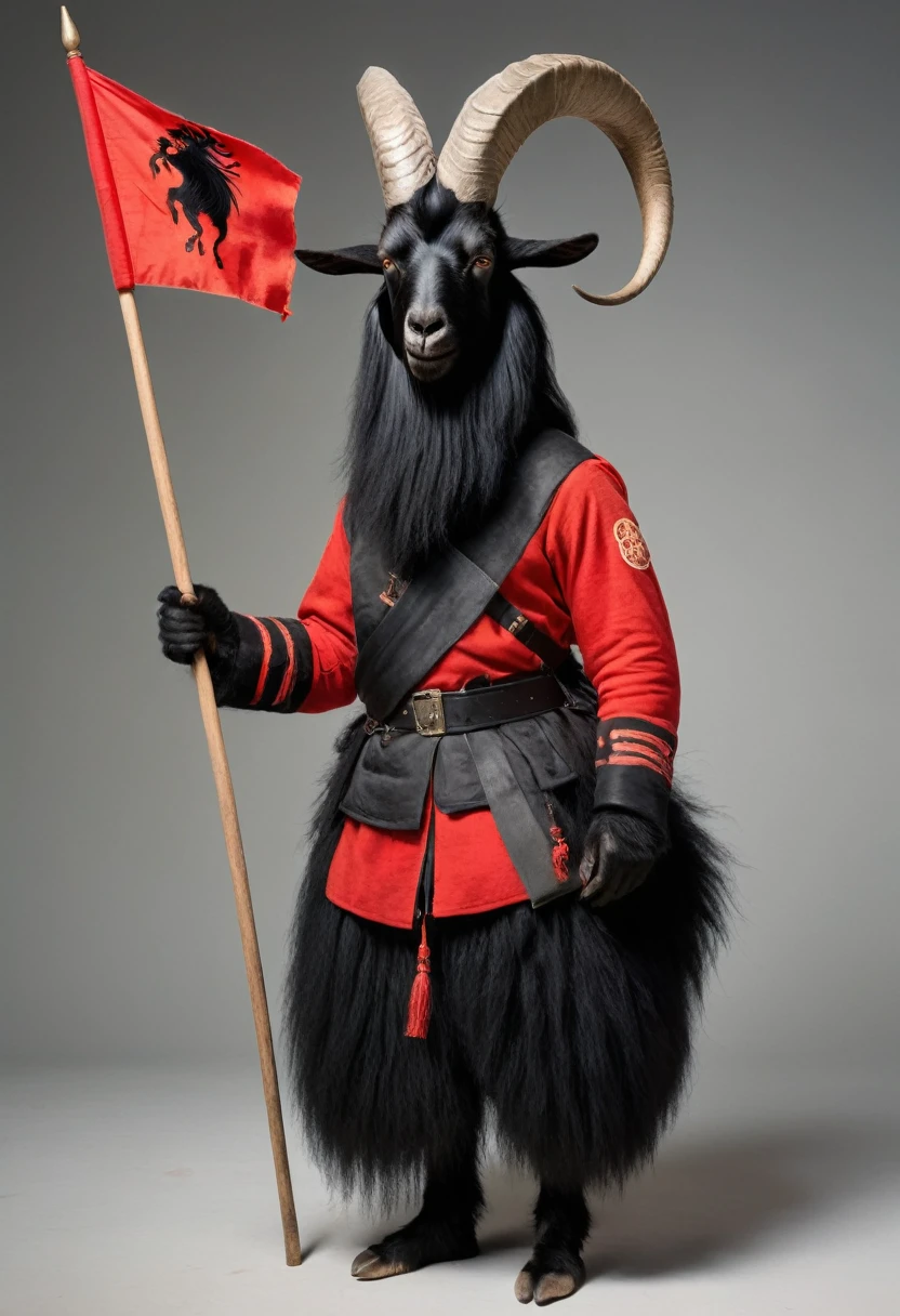 A man wearing a black goat head. Goat face. Black goat hair. He wears goat wool. The goat's body is black. A trousseau in the shape of a soldier carrying a fluttering red flag. His entire body is long, goat-like hair, with thick, black hair down to his feet. His entire body is goat-hair