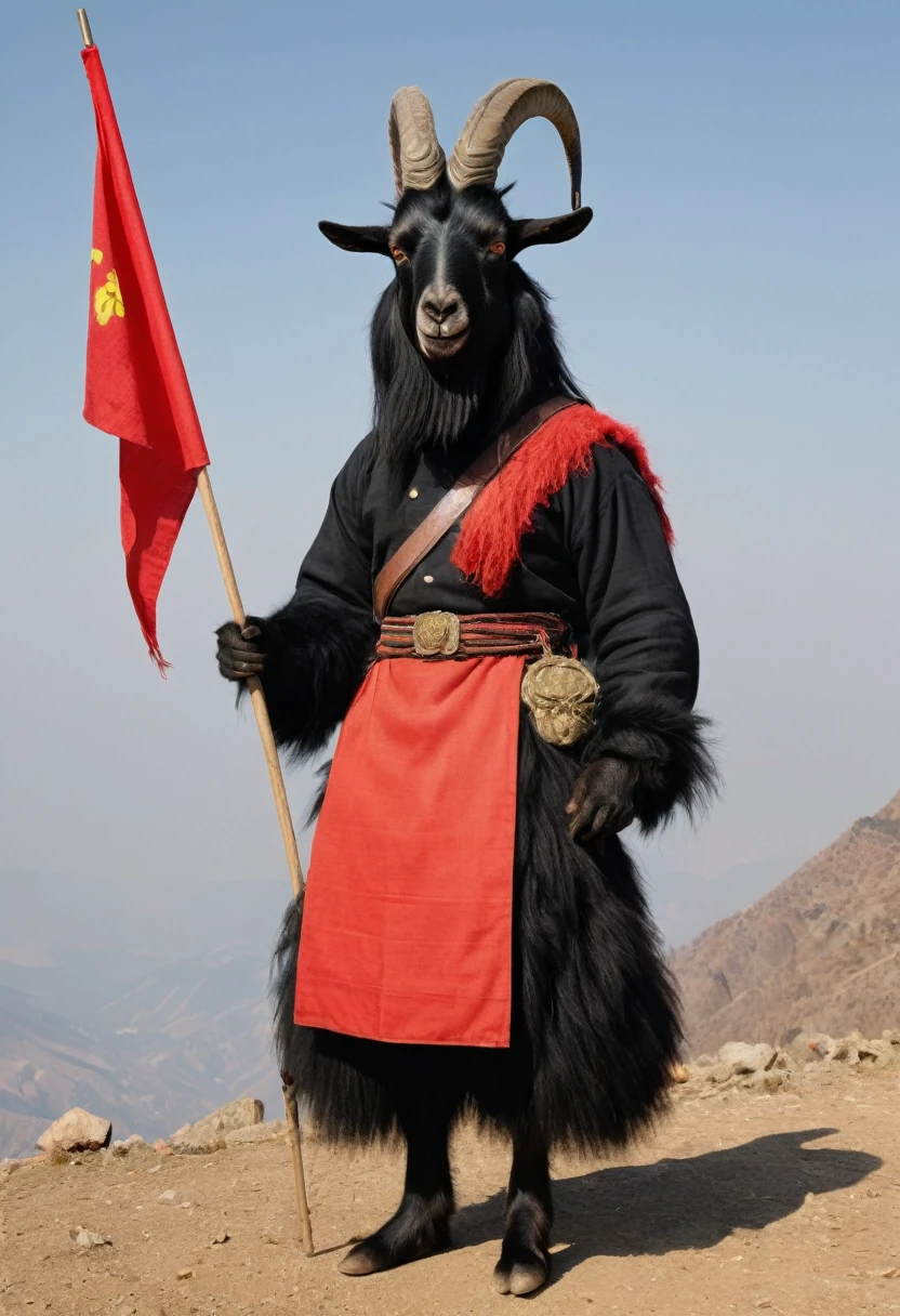 A man wearing a black goat head. Goat face. Black goat hair. He wears goat wool. The goat's body is black. A trousseau in the shape of a soldier carrying a fluttering red flag. His entire body is long, goat-like hair, with thick, black hair down to his feet. His entire body is goat-hair