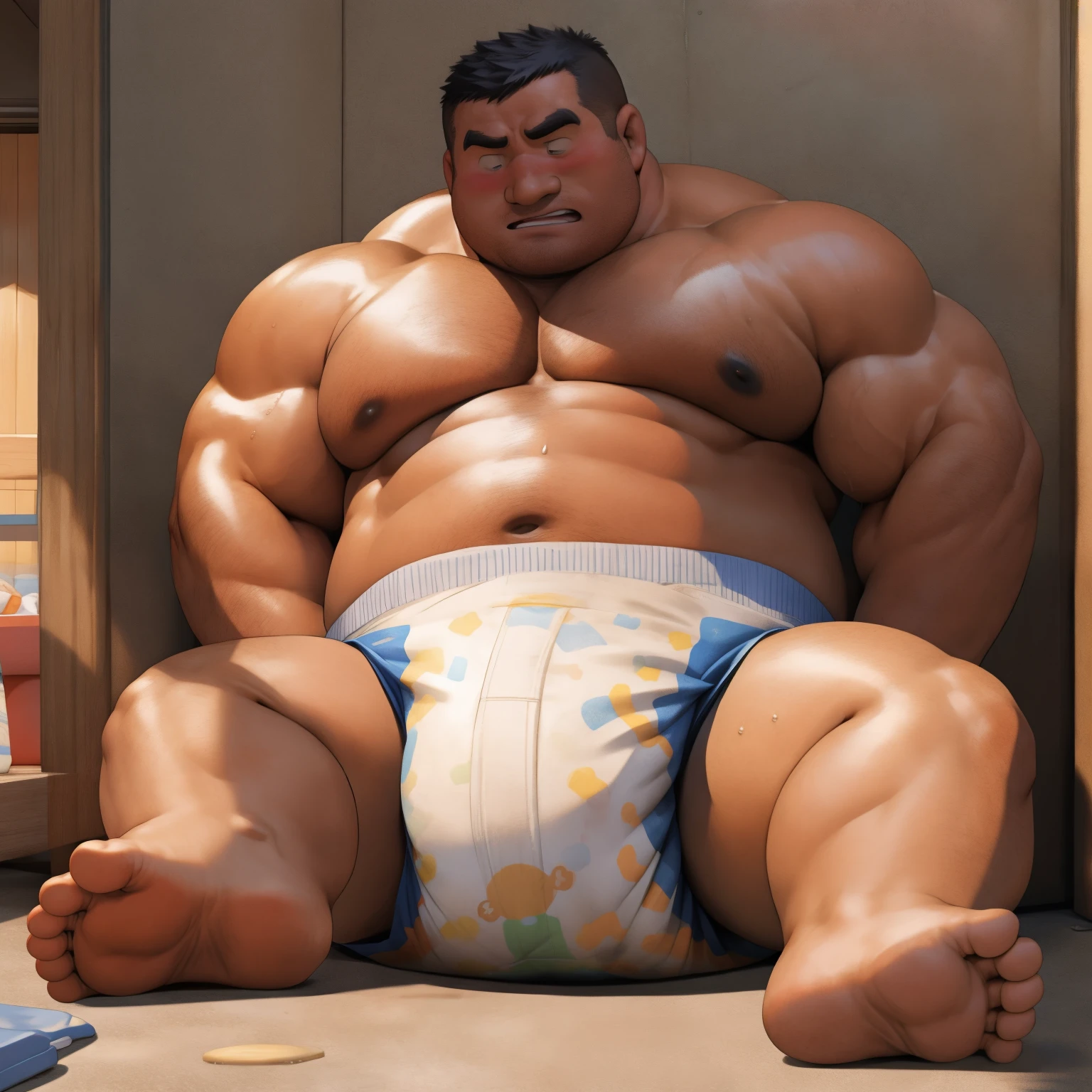 masterpiece, Top quality, in 32K, perfect anatomy, hyper detailed, super fine illustration, The thick man is a brutal prisoner, retarded, hairy human, 50yo in Japan, (fatness: 1.0), Fatty muscle, Bowleg, disappointment, incontinent, shy, sissy, Weaker than children, Drool, Round face, be diaper check by children, waddle, There is a small puddle under him, incontinent, Naked, short legs, Bowleg, spread legs, wear a White cloth Diaper, Bare belly, Bare legs, Bare foots, Bare soles, Shirtless, wide forehead and short thinning hair, Man with round face with stubble, Bare foots, Bare soles, He enters nursery school and is despised by children, He surrounded by children, His bottom is wet, Bare foots, big butt, he is scolded by the children, White Diaper, He surrounded by children, sobbing, wear a White cloth Diaper, shirtless, There is a small puddle under him, He enters nursery school and is despised by children, big butt, sobbing, He crawling to go to children, on all fours, side view