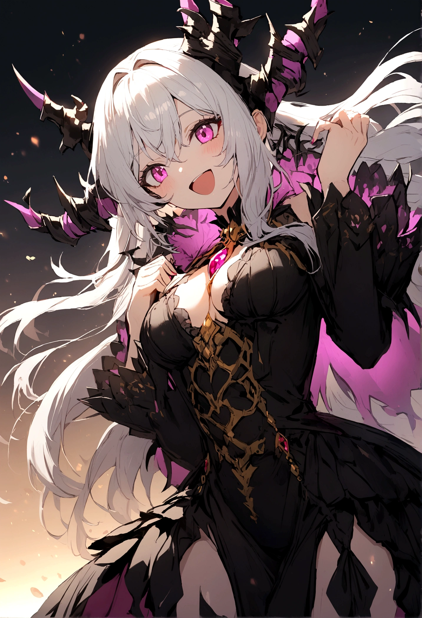 1girl, :D, corruption, long hair, white hair