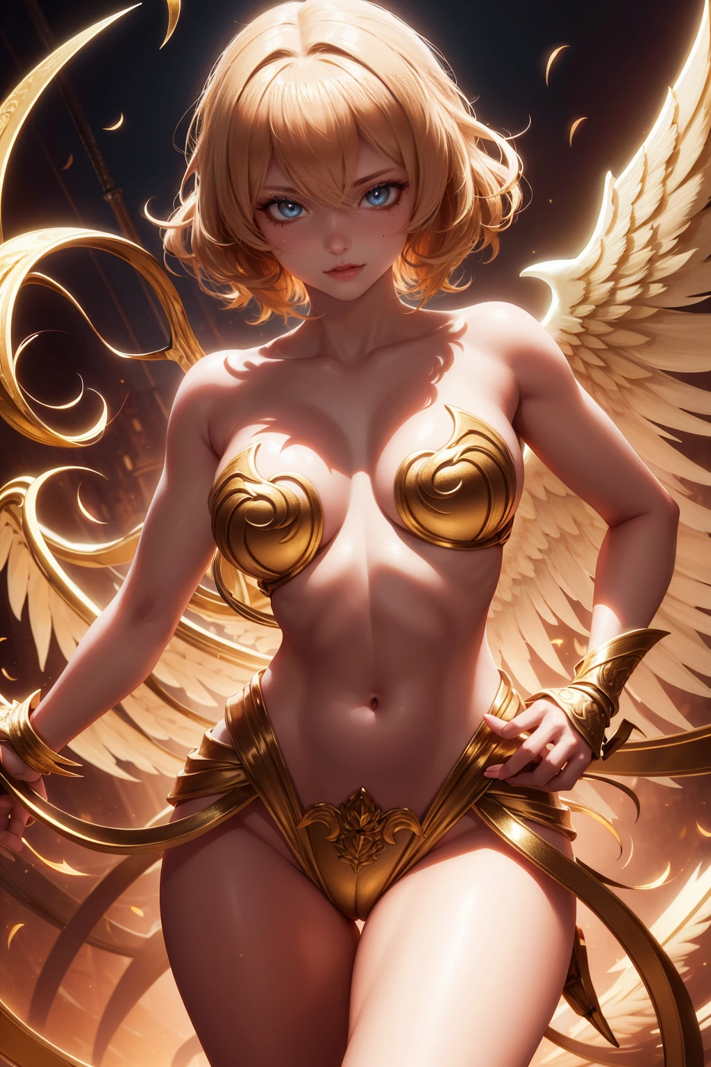 golden angel goddess with wings, blondie hair, perfect hands, golden shine, fictional figure body hands on waist, sexy movement pose, swords around the body