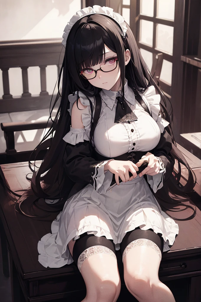 Covered in blood、Blood splatter、Dark shades、Red tint、See others、Blunt bangs、Sitting,Place your hands between your legs,Maid, Glasses, Over the knee socks,Ahegao , Stupid,Sexual Ecstasy,Drunk Eyes,Blunt bangs, Black Hair,(Tabletop:1.2, Highest quality), (Beautiful, detailed eyes: 1.2), (Detailed Background,Dark fantasy), (Beautifully detailed face), High Contrast, (Best lighting, Very delicate and beautiful), ((Cinematic Light)), Hyper Detail, Dramatic Light, Intricate details,