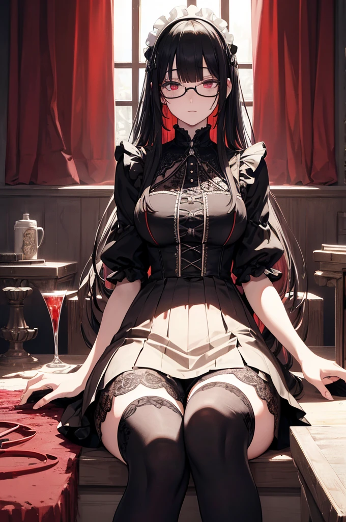 cadaver、Covered in blood、Blood splatter、Dark shades、Red tint、See others、Blunt bangs、Sitting,Place your hands between your legs,Maid, Glasses, Over the knee socks,Drunk Eyes,Blunt bangs, Black Hair,(Tabletop:1.2, Highest quality), (Beautiful, detailed eyes: 1.2), (Detailed Background,Dark fantasy), (Beautifully detailed face), High Contrast, (Best lighting, Very delicate and beautiful), ((Cinematic Light)), colorful, Hyper Detail, Dramatic Light, Intricate details,