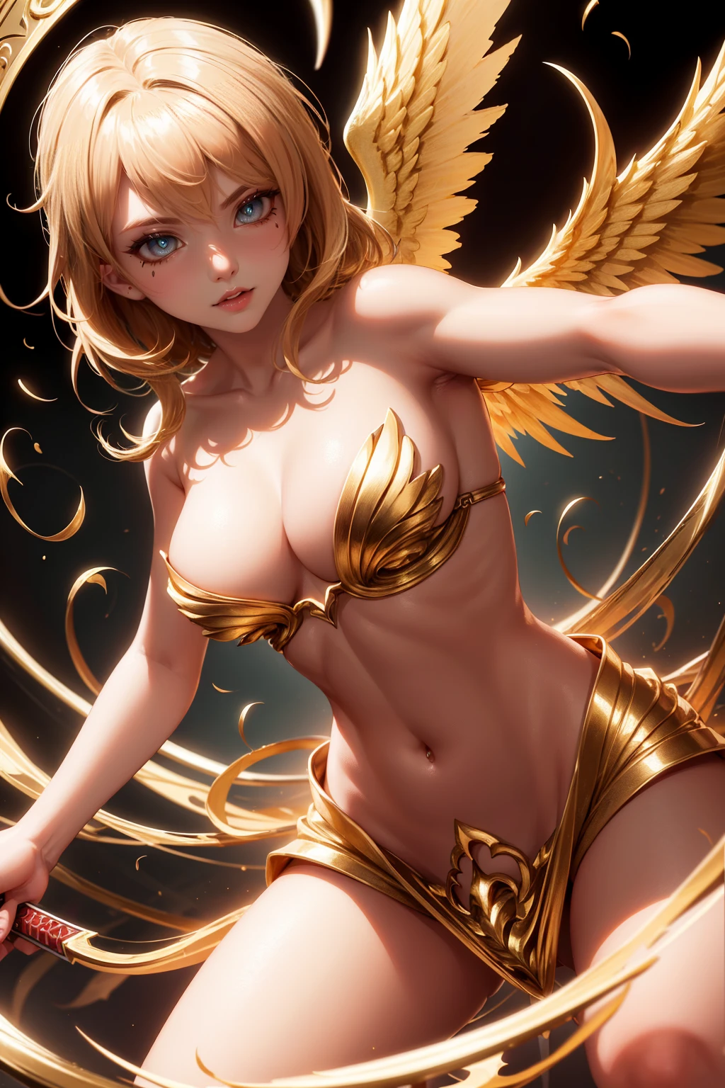 golden angel goddess with wings, blondie hair, perfect hands, golden shine, fictional figure body hands on waist, sexy movement pose, swords around the body