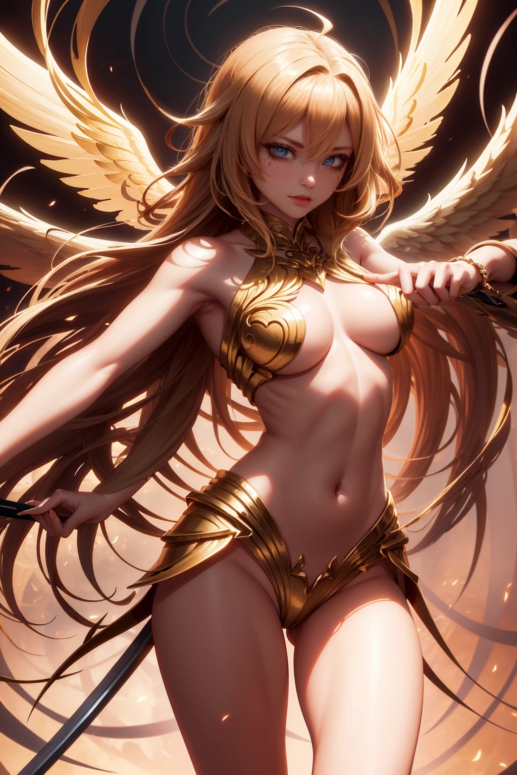 golden angel goddess with wings, blondie hair, perfect hands, golden shine, fictional figure body hands on waist, sexy movement pose, swords around the body