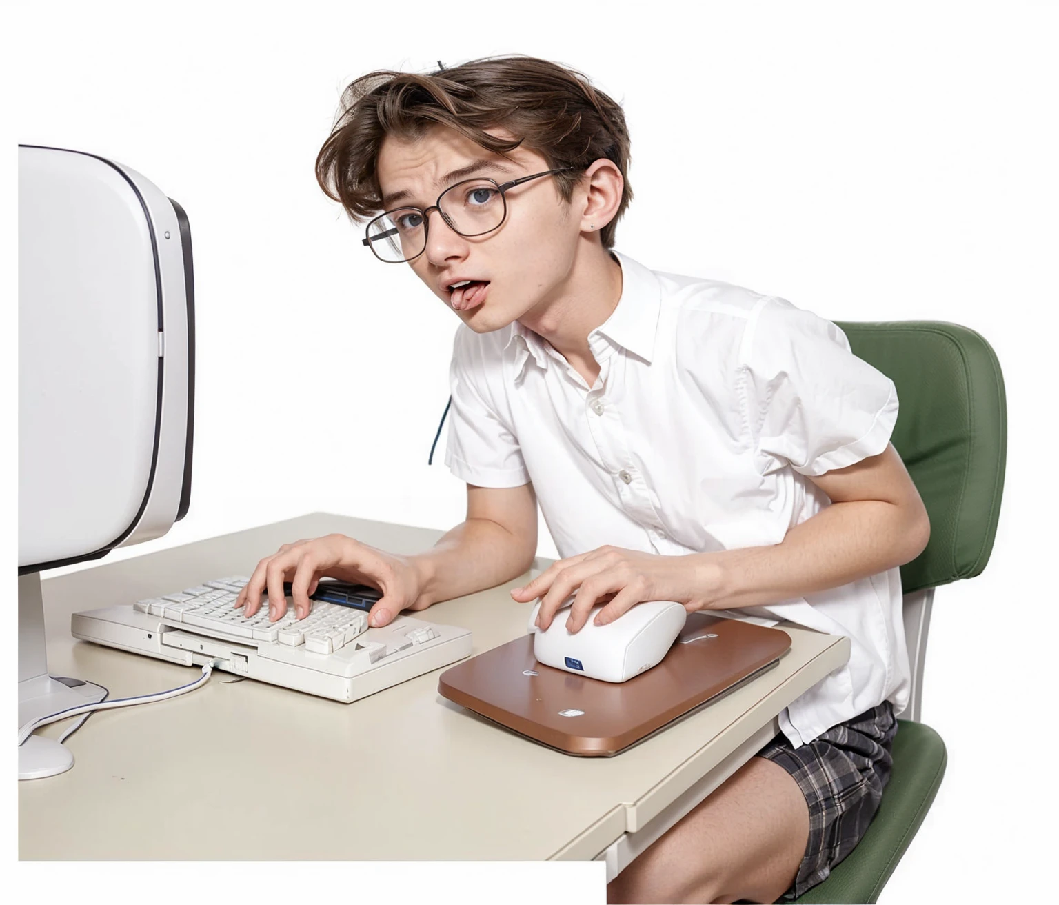 19 year old skinny boy wearing glasses sitting at an office desk using a computer keyboard and white mouse ,with worried face (distressed expression,add it,with his mouth open looking at the computer monitor wearing a nerdy short-sleeved formal shirt