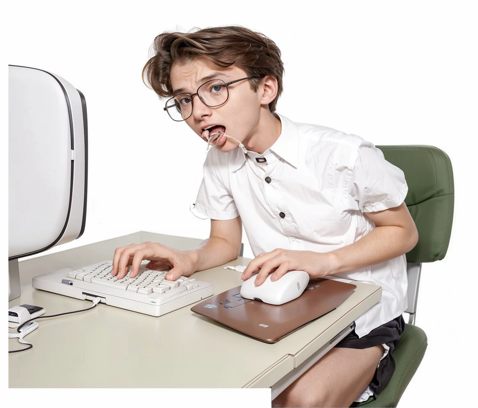 19 year old skinny boy wearing glasses sitting at an office desk using a computer keyboard and white mouse ,with worried face (distressed expression,add it,with his mouth open looking at the computer monitor wearing a nerdy short-sleeved formal shirt