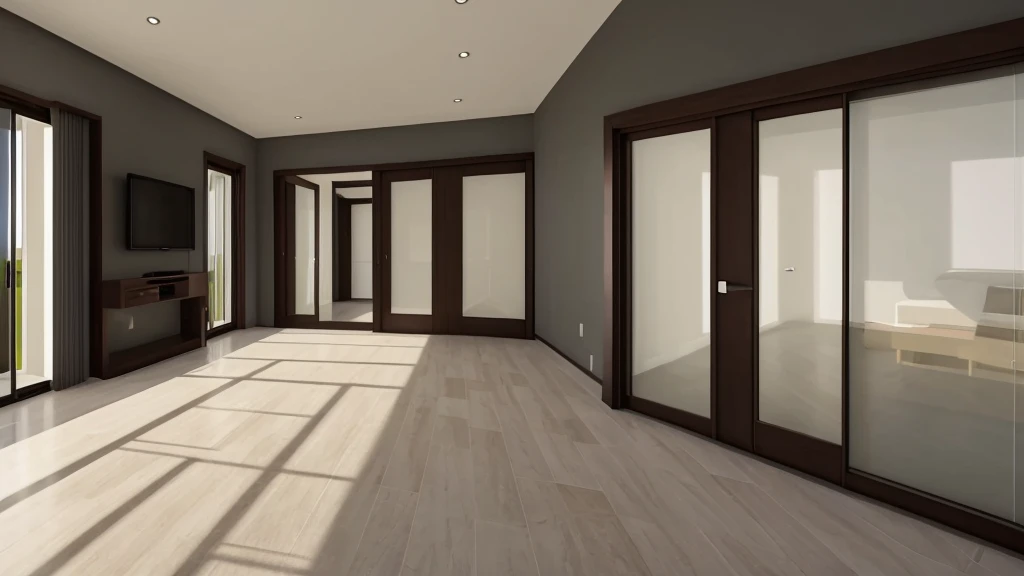 front view of a pearlescent rectangular room,dimly lit