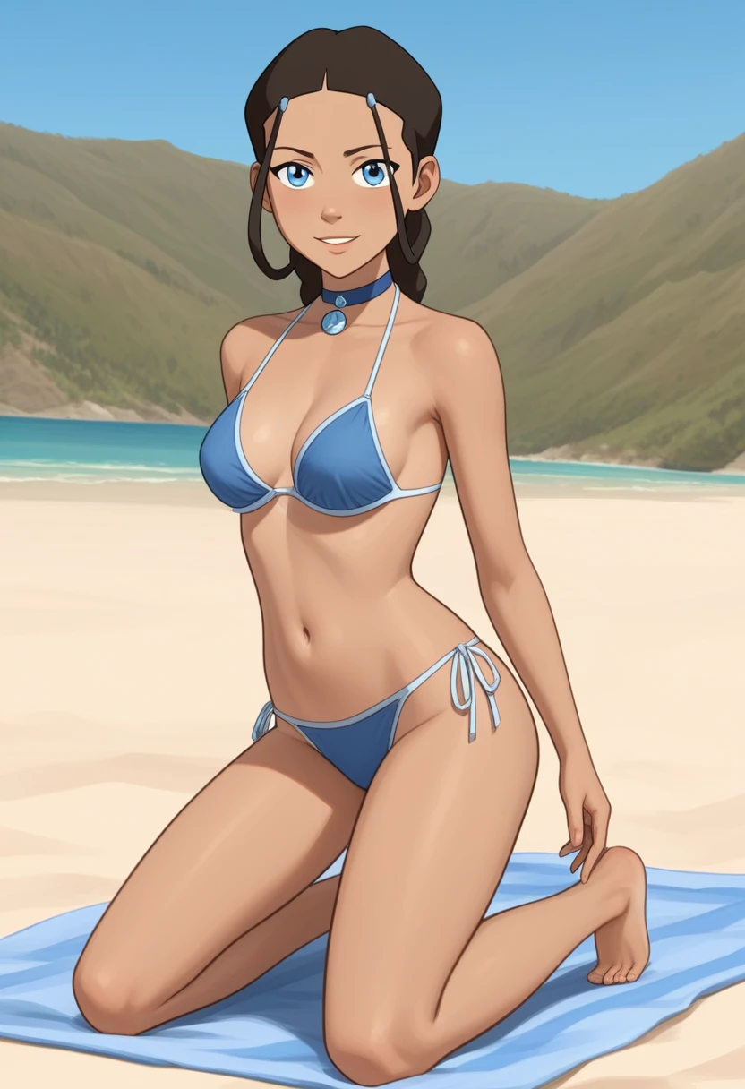 score_9_up, score_8_up, score_7_up, 1girl, solo, mature female, ((Katara)), Latin skin color, brown braided hair, blue eyes, pink lips, parted lips, fit slim body, ((perfect medium erected breast)), (((blue seductive bikini, blue choker))), (((Iceland beach))), perfect model body, wide hips, naughty smile, (((kneeling and showing her nude tits under her bikini)))(((nude tits)))(((pulled down bra)))