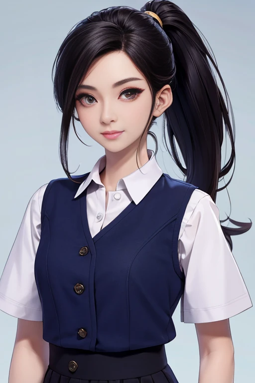 Mature woman in her early 40s、Japanese、ponytail、Beautiful Face、Office worker uniform、Navy blue vest、Pencil Skirt、 (whole body, :1.1)