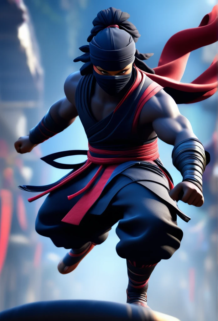 A captivating 3D in different poses rendering of a small, black Brazilian male character, dressed like a ninja, showcases impressive agility and strength. The character performs dynamic attack poses with confidence and determination, exuding a sense of national pride and identity through the ninja mask, which is highlighted by a vibrant Brazilian flag. The dark and enigmatic background accentuates the character's exceptional abilities, making him the center of attention. This mesmerizing avatar design is perfect for a profile photo in the Legends mobile game, blending illustration and 3D rendering to create a truly immersive experience., illustration, 3d render