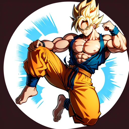 A detailed anime style drawing of Son Goku as a super Saiyan. blonde hair, Big muscles, Bodybuilder body, Bare torso, barefoot, sole of the foot, toes. Tight biceps, torn pants, dynamic fighting pose