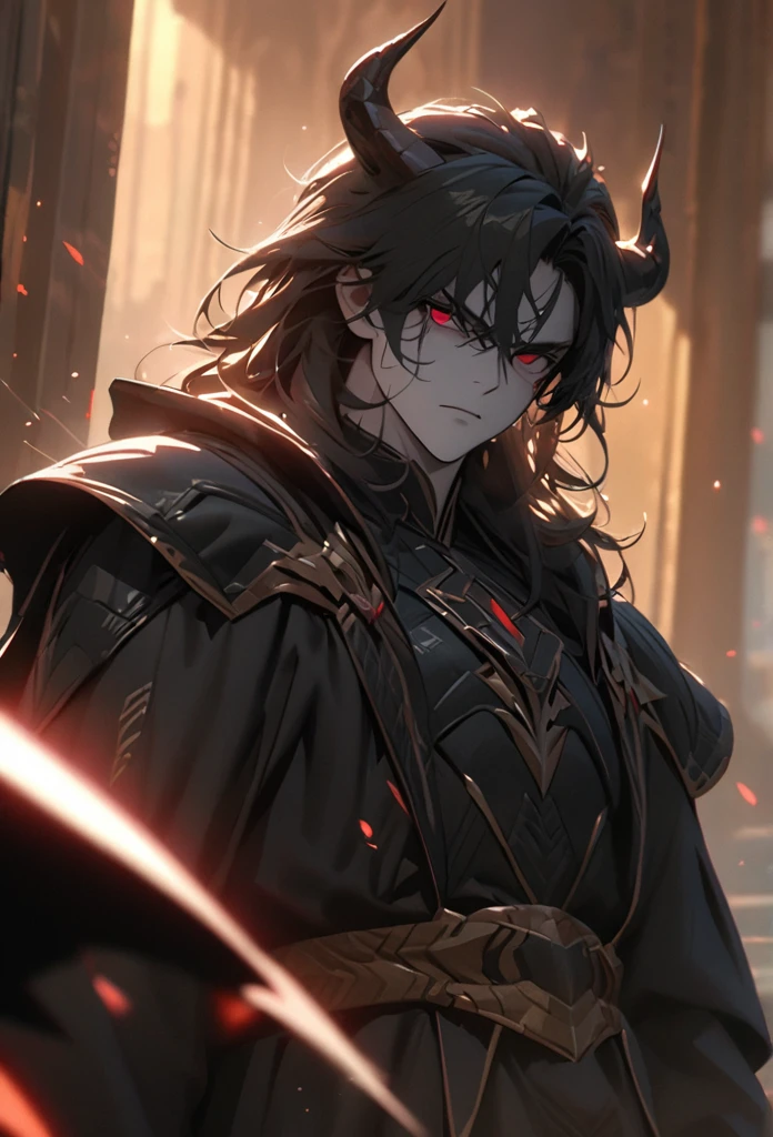 (solo), Demon lord, masculine, black hair, messy hair, mane hair, medium hair, A man bun with long hair, dense hair, wild hair, expressive hair, mature,(25 year old), pale skin, red eyes, ((man)), wearing a black robe, black armor, black demon horns,, serious, handsome, attractive, eye reflection, depth of field, thunder aura,cinematic lighting, ray tracing, depth of field, cinematic lighting, ray tracing, UHD, high details, best quality, highres, high quality, award winning, super detail, masterpiece, 8k, UHD, high details, best quality, highres, high quality, award winning, super detail, masterpiece, 8k, digital art, anime coloring, full body, body shot, good face, perfect face, detailed face, good eyes, sitting on a throne