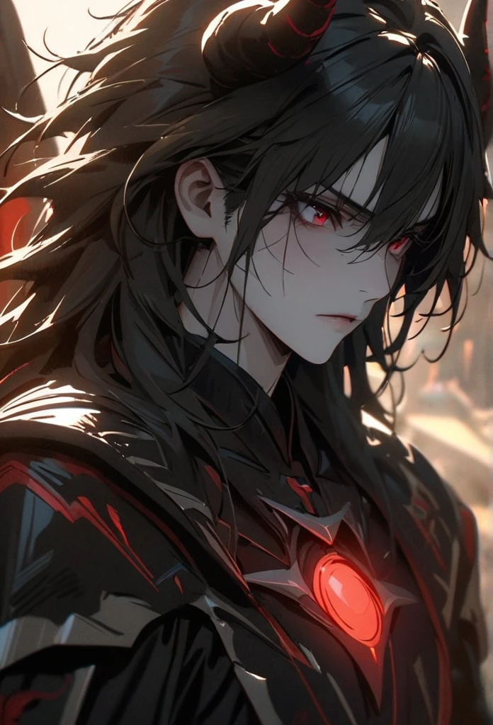(solo), Demon lord, masculine, black hair, messy hair, mane hair, medium hair, A man bun with long hair, dense hair, wild hair, expressive hair, mature,(25 year old), pale skin, red eyes, ((man)), wearing a black robe, black armor, black demon horns,, serious, handsome, attractive, eye reflection, depth of field, thunder aura,cinematic lighting, ray tracing, depth of field, cinematic lighting, ray tracing, UHD, high details, best quality, highres, high quality, award winning, super detail, masterpiece, 8k, UHD, high details, best quality, highres, high quality, award winning, super detail, masterpiece, 8k, digital art, anime coloring, full body, body shot, good face, perfect face, detailed face, good eyes, sitting on a throne