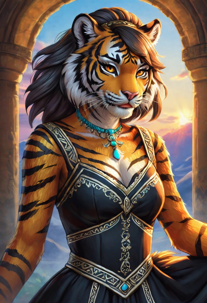 Create an realistic illustrated, hand-drawn, full-color image of an anthropomorphic tiger women. The artwork should be rendered in the style of "Breath of the Wild," featuring warm lighting and shadows. Include graphite shading, stencil marks, and airbrushed acrylic paint effects. dress.  Long orange and black stripped hair. The image should be of the highest quality, a masterpiece with intricate details. The tiger women should have a female, humanoid, appearance. She should have luscious lips, a wide smile, and bright, expressive eyes, exuding beauty, cuteness, and adorableness. Ensure the image is high resolution and sharply detailed, with a detailed and vibrant background. Incorporate mystical lighting in the background, creating a romantic and enchanting atmosphere.
