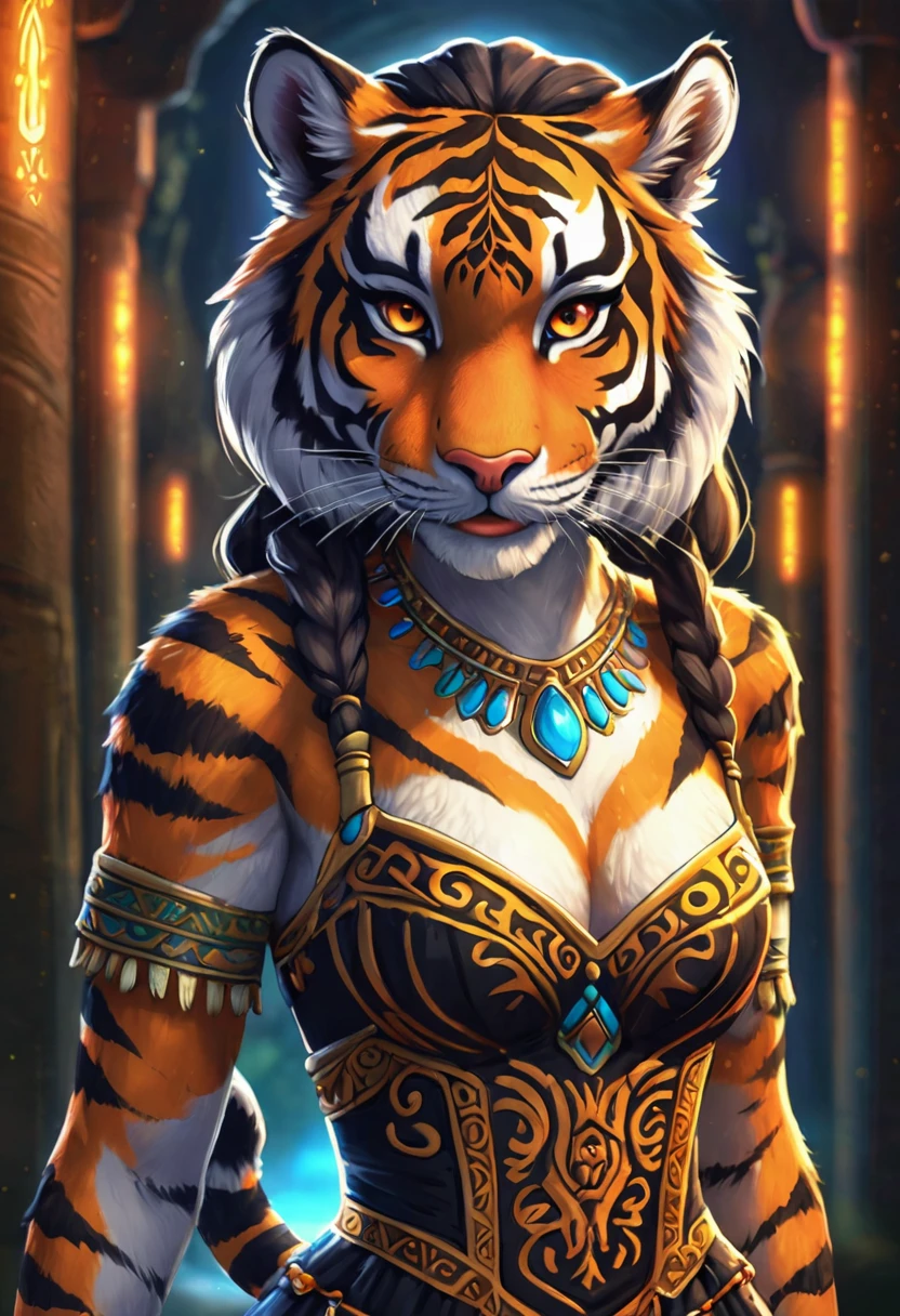 Create an realistic illustrated, hand-drawn, full-color image of an anthropomorphic tiger women. The artwork should be rendered in the style of "Breath of the Wild," featuring warm lighting and shadows. Include graphite shading, stencil marks, and airbrushed acrylic paint effects. dress.  Long orange and black stripped hair. The image should be of the highest quality, a masterpiece with intricate details. The tiger women should have a female, humanoid, appearance. She should have luscious lips, a wide smile, and bright, expressive eyes, exuding beauty, cuteness, and adorableness. Ensure the image is high resolution and sharply detailed, with a detailed and vibrant background. Incorporate mystical lighting in the background, creating a romantic and enchanting atmosphere.
