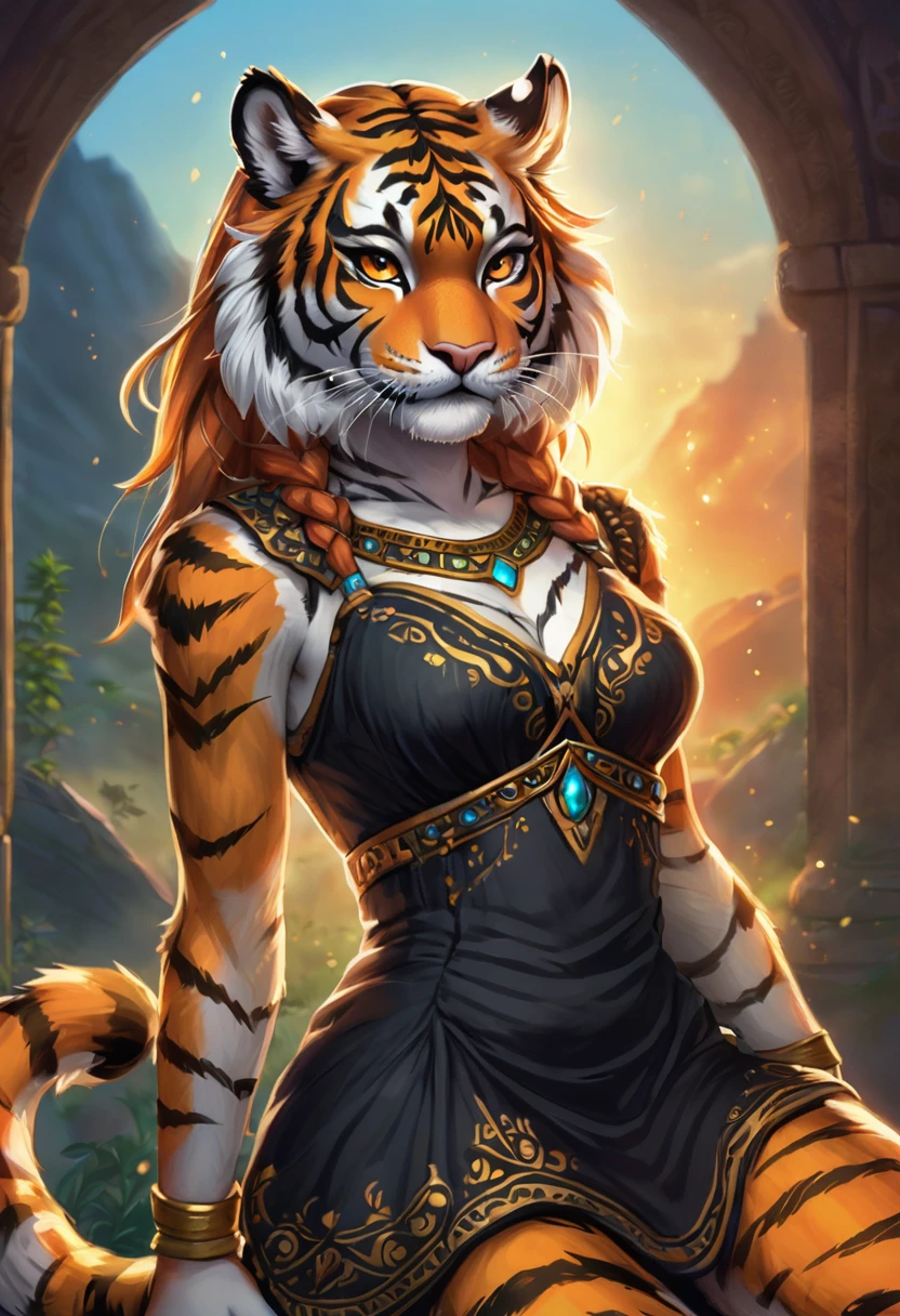 Create an realistic illustrated, hand-drawn, full-color image of an anthropomorphic tiger women. The artwork should be rendered in the style of "Breath of the Wild," featuring warm lighting and shadows. Include graphite shading, stencil marks, and airbrushed acrylic paint effects. dress.  Long orange and black stripped hair. The image should be of the highest quality, a masterpiece with intricate details. The tiger women should have a female, humanoid, appearance. She should have luscious lips, a wide smile, and bright, expressive eyes, exuding beauty, cuteness, and adorableness. Ensure the image is high resolution and sharply detailed, with a detailed and vibrant background. Incorporate mystical lighting in the background, creating a romantic and enchanting atmosphere.
