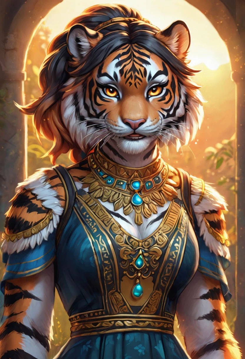 Create an realistic illustrated, hand-drawn, full-color image of an anthropomorphic tiger women. The artwork should be rendered in the style of "Breath of the Wild," featuring warm lighting and shadows. Include graphite shading, stencil marks, and airbrushed acrylic paint effects. dress.  Long orange and black stripped hair. The image should be of the highest quality, a masterpiece with intricate details. The tiger women should have a female, humanoid, appearance. She should have luscious lips, a wide smile, and bright, expressive eyes, exuding beauty, cuteness, and adorableness. Ensure the image is high resolution and sharply detailed, with a detailed and vibrant background. Incorporate mystical lighting in the background, creating a romantic and enchanting atmosphere.
