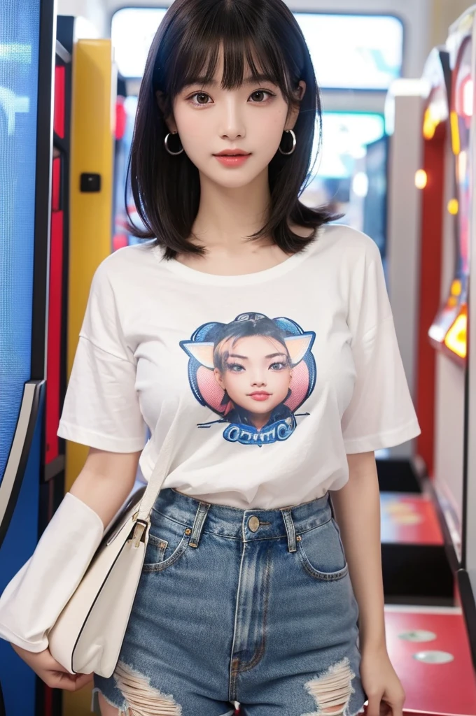 Game center, professional gamer, ((full body)), ((photo)), ((best qualtiy, 8K, tmasterpiece: 1.3)), Focus: 1.2, perfect figure beautiful girl: 1.4, 1girl, cowboy shot, look at viewer, eyes facing the camera, incredibly absurd, beautiful and cute girl with a photorealistic face, showcasing top-quality craftsmanship, A Japanese girl playing games at an arcade, 17 years old, with a bob cut, silky black hair, bangs cut at an angle to reveal her right eye, large eyes, a soft smile, tanned skin, thin and well-formed eyebrows, straight nose with a rounded tip, thin lips but a healthy, natural pink colour, small ears with pierced ears, a slender neck with a sharp jawline, a small face with well-formed facial features, fair, fine, translucent skin, long eyelashes that make the eye makeup stand out, eyes that are powerful but also kind, Well-aligned, white teeth, healthy, shiny skin and hair, friendly expression, , slender, well-balanced proportions, good posture, beautiful C-cup breasts, white character T-shirt, blue denim jacket, yellow shorts, white sneakers, silver earrings, tote bag with game character illustration printed on it, beautiful girl, moe, devilish type, sociable and easy to talk to, values teamwork, curious and adventurous, has a sense of humor, July
