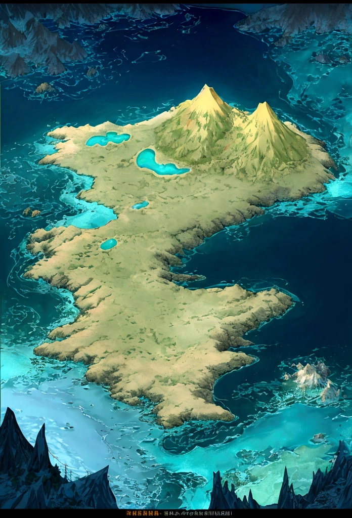 visual novel style world map of an island surrounded by an ocean with icy mountains to the north with a dormant volcano and gold mine, lush forest at the middle, grasslands to the south, desert at the west, villages at the east, beach all around