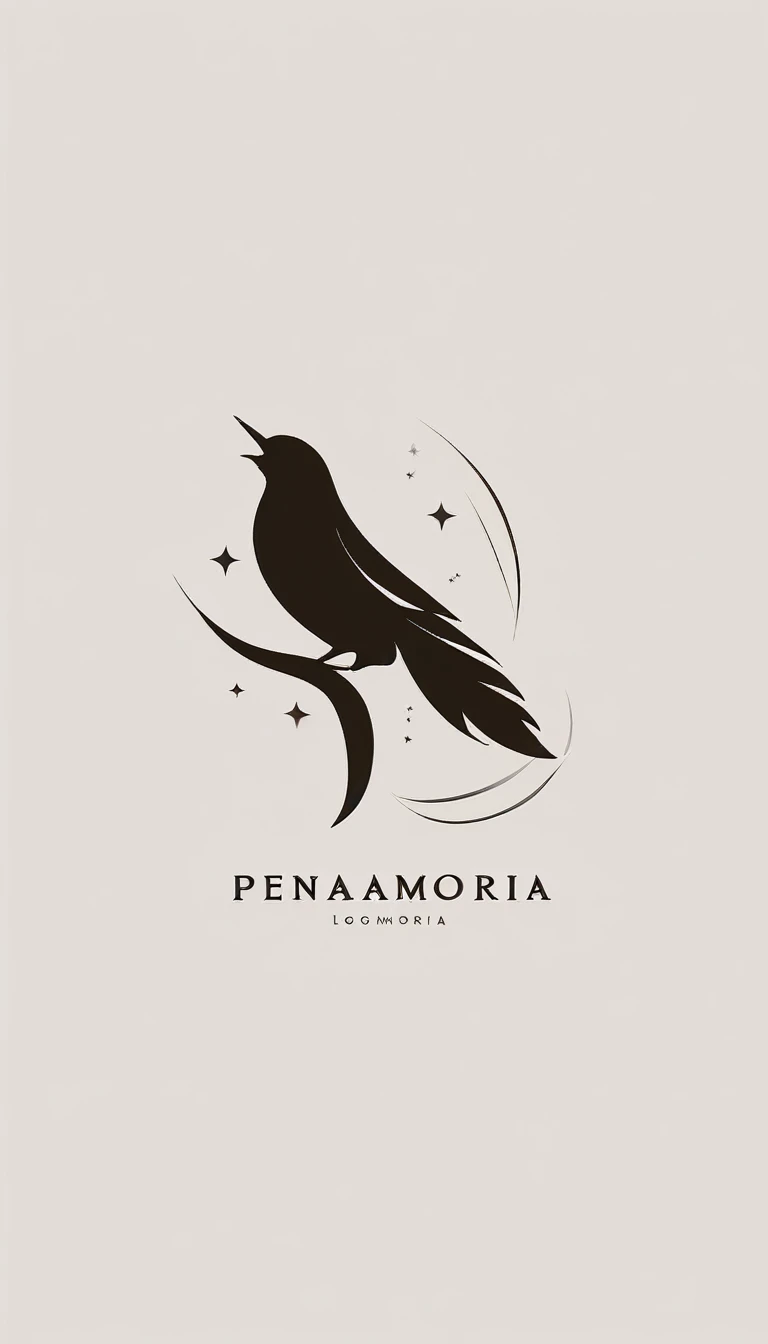 A minimal, modern, simple, cinematic logotype for the brand “Penamemoria". The logotype must be a simple, magical feather and a boy playing acoustic guitar. The logo must convey a sense of music, stories and dreams. Logo design impressed on a book cover. Minimalistic logo