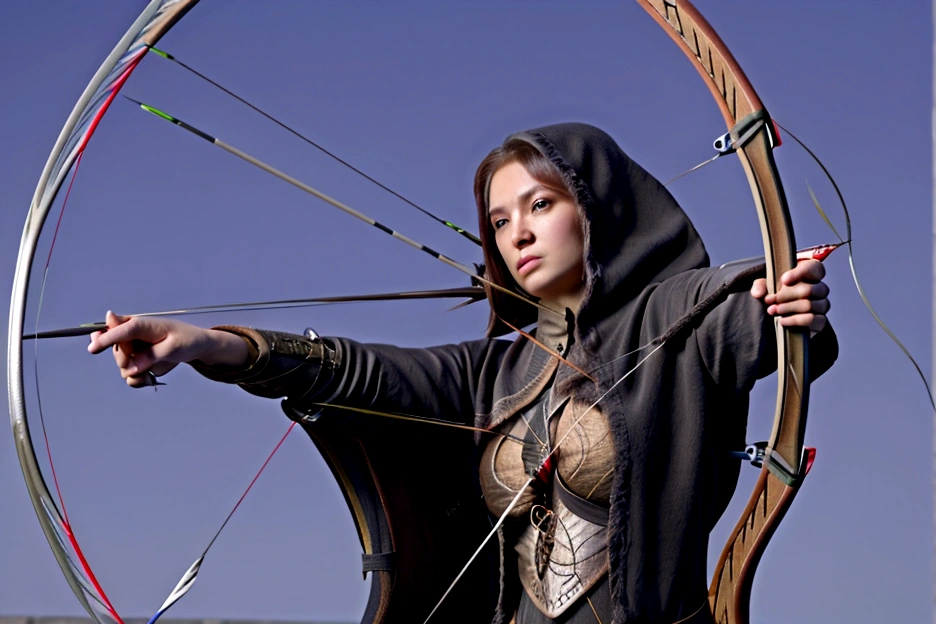 A cloaked human rogue holding a bow with an arrow knocked and ready to fire, (archery:1.4)
