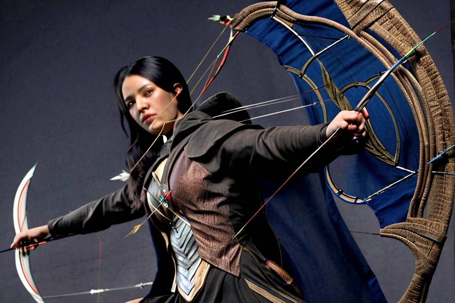 A cloaked human rogue holding a bow with an arrow knocked and ready to fire, (archery:1.4)