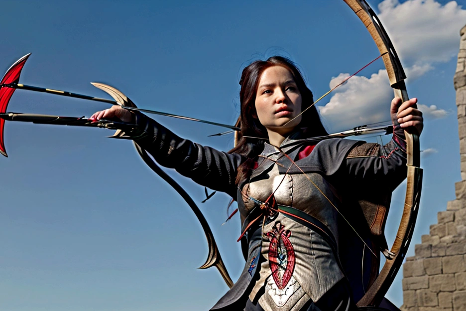 A cloaked human rogue holding a bow with an arrow knocked and ready to fire, (archery:1.4)