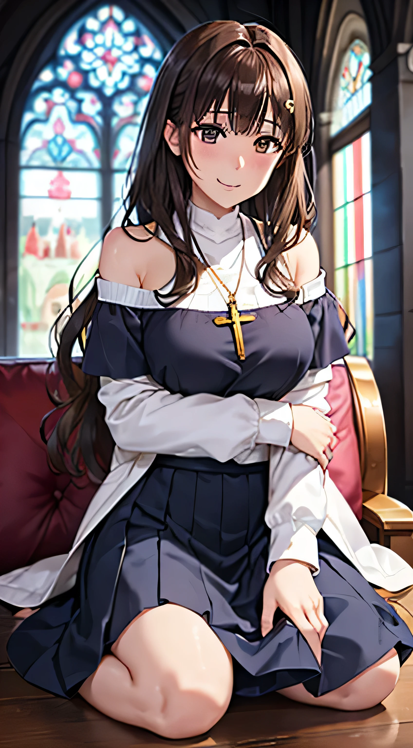 ((Tabletop, Highest quality, High resolution, , Pixel Perfect, 4K,))), 1 female, 、The whole body is visible、 ((Long Wavy Hair, bangs, Brown Hair)), ((Brown eyes, Beautiful eyelashes, Realistic eyes)), ((Detailed face, Blushing:1.2)), ((Smooth texture:0.75, Realistic texture:0.65, Realistic:1.1, Anime CG Style)), Medium sized breasts, Dynamic Angle, Perfect body, (( , , Beautiful Priest、、 Priest off-shoulder jacket、Priest Flare Skirt、、)), Gold Hair Ornament、Cross Necklace、、Very embarrassing panic smile, 、Gorgeous church basilica、、、、Hold a big Bible、、、、Lace panties are visible、Bring your arms together、Stick your butt out、、、 、Angle from below)、