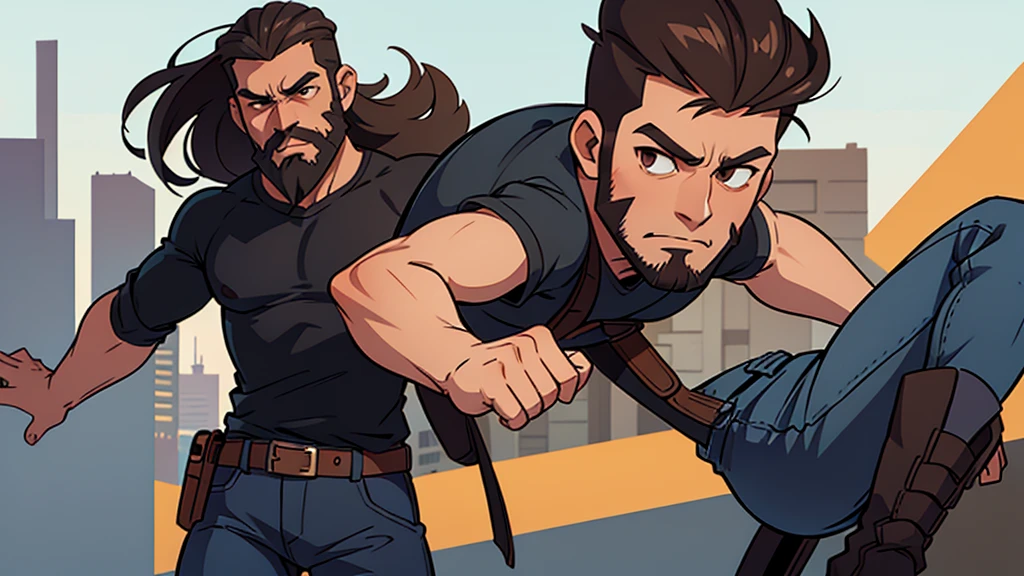 Create a anime style landscape image. Dramatic, cinematic-anime style image featuring two men in black outfits. Both men have medium skin tones and are dressed in black shirts and pants. The man on the left has a beard, and he is walking forward with a serious expression, holding a large hammer in his right hand. The man on the right also has a beard, and he is standing with a confident pose, resting his left hand on his hip and holding a large axe in his right hand. The background is industrial, with machinery and a dark, moody atmosphere. The overall tone of the image is intense and action-oriented.