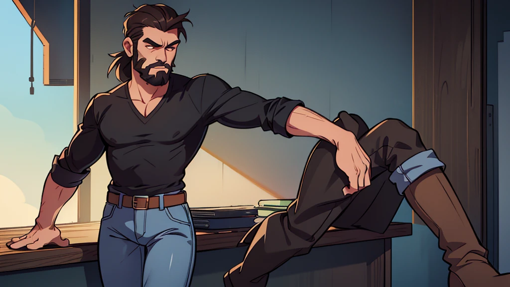 ultra high quality, solo, tall lean man, angular face, kind brown eyes, full black beard, wearing a gray shirt and jeans with cowboy boots