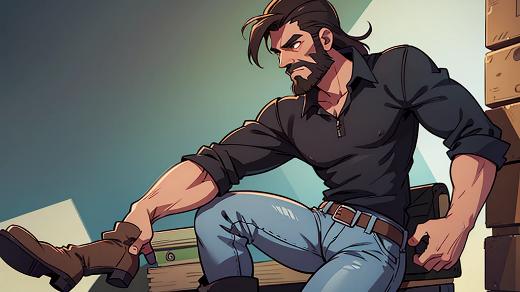 ultra high quality, solo, tall lean man, angular face, kind brown eyes, full black beard, wearing a gray shirt and jeans with cowboy boots