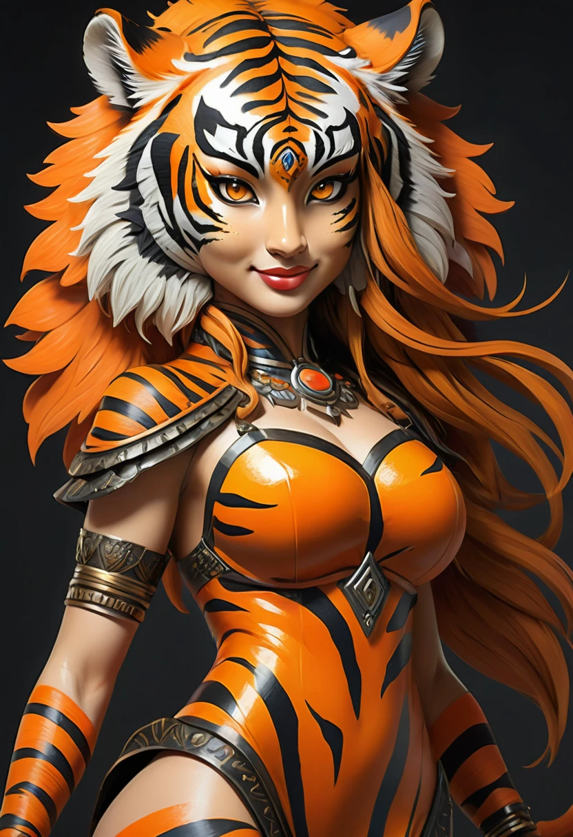 Create an realistic illustrated, hand-drawn, full-color image of an anthropomorphic tiger women. The artwork should be rendered in the style of "Breath of the Wild," featuring warm lighting and shadows. Include graphite shading, stencil marks, and airbrushed acrylic paint effects. dress. Long orange and black stripped hair. The image should be of the highest quality, a masterpiece with intricate details. The tiger women should have a female, humanoid, appearance. She should have luscious lips, a wide smile, and bright, expressive eyes, exuding beauty, cuteness, and adorableness. Ensure the image is high resolution and sharply detailed, with a detailed and vibrant background. Incorporate mystical lighting in the background, creating a romantic and enchanting atmosphere.
