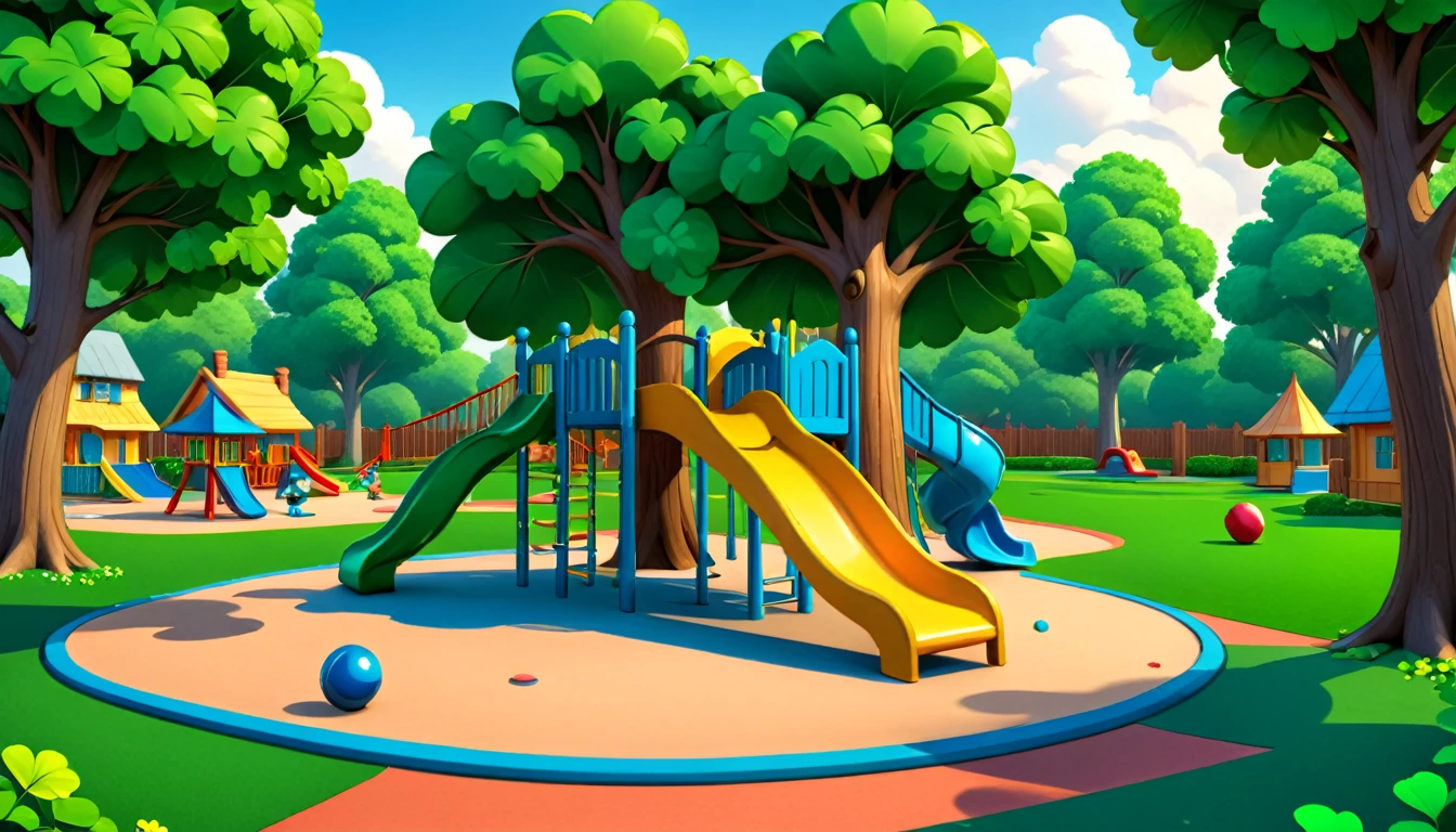 illustration, 3d, cartoon, shamrock, high resolution, high quality, detailed, masterpiece, hdr, sharp, a beautiful playground with trees and toys, BREAK score_9, score_8_up, score_7_up, score_6_up , amazing, beautiful, breathtaking, astonishing, brilliant, incredible,