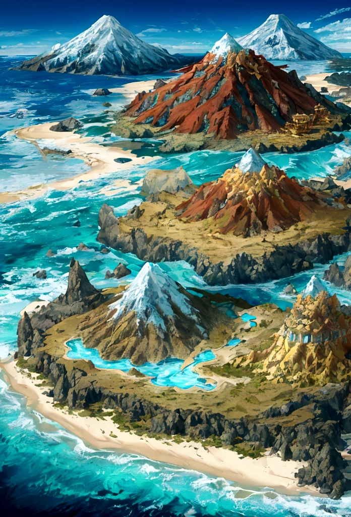 an island surrounded by an ocean with icy mountains to the north with a dormant volcano and gold mine, lush forest at the middle, grasslands to the south, desert at the west, villages at the east, beach all around