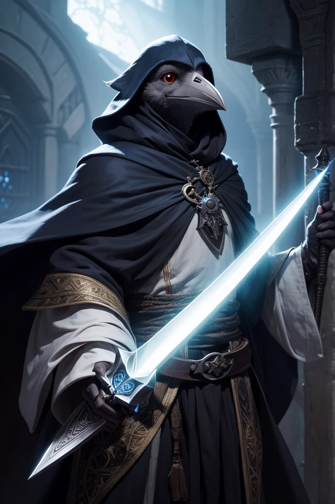 Kenku cleric from DnD, with cloak and sword, your eyes emit light in an epic way