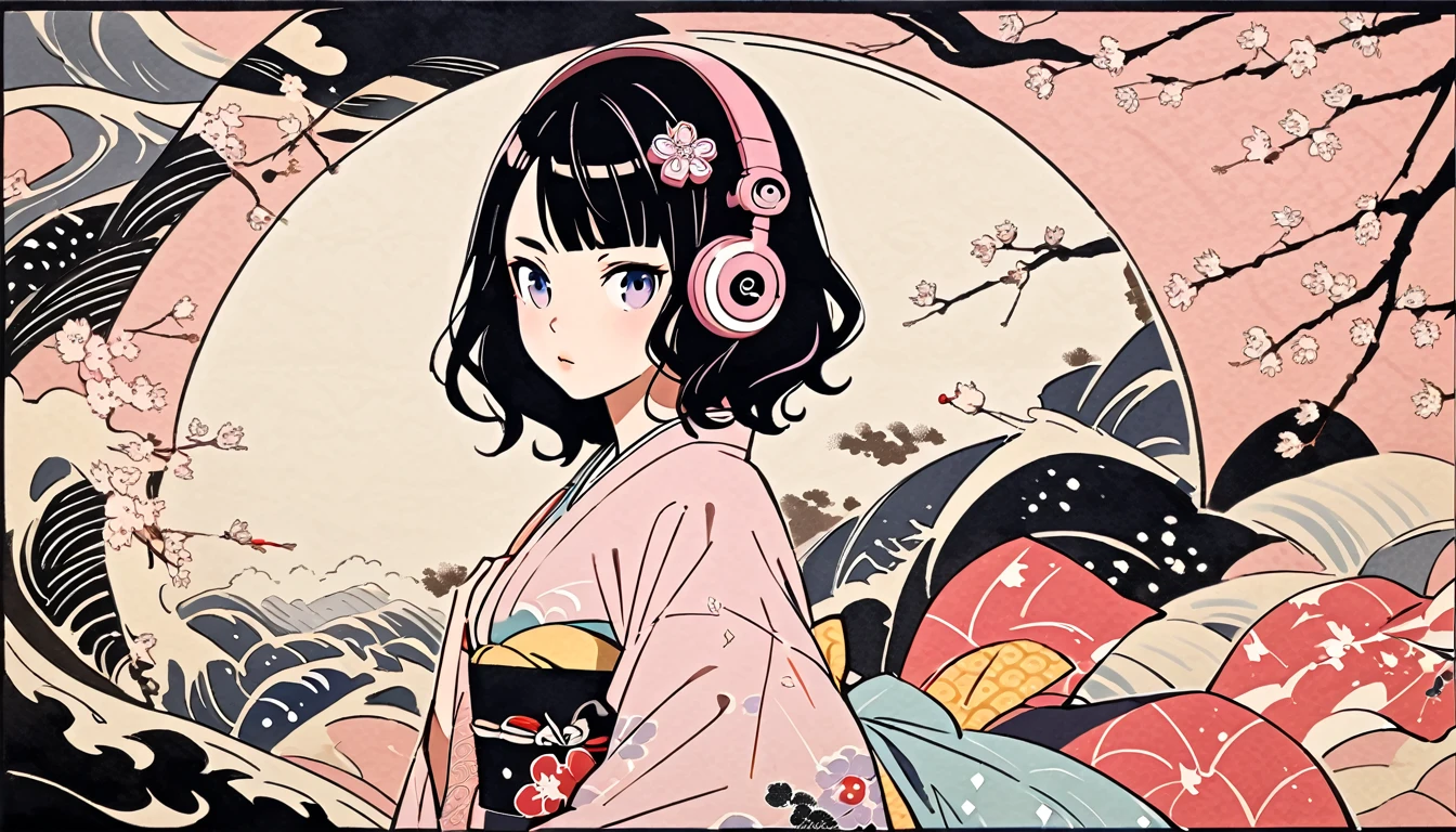 (((Highest quality))), (((Katsushika Hokusai))), (((Ink Painting))), ((Very straight long hair)), ((1 Girl)), ((cherry blossoms)), ((beautiful girl)), Japanese style headphones, Black Hair, Delicate and precise, Modern ukiyo-e style, Japanese pattern sneakers, Japanese pattern haori