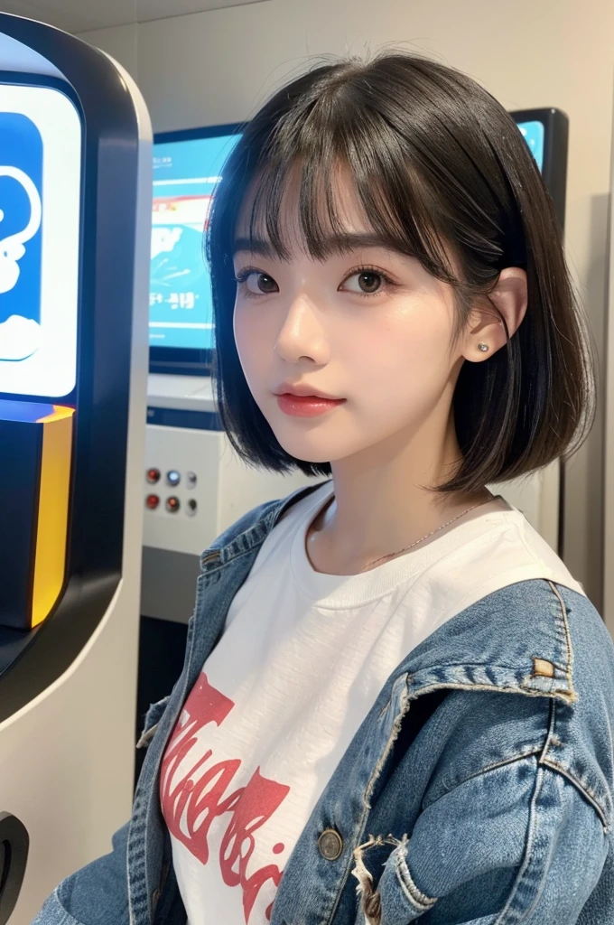 Game center, professional gamer, ((full body)), ((photo)), ((best qualtiy, 8K, tmasterpiece: 1.3)), Focus: 1.2, perfect figure beautiful girl: 1.4, 1girl, cowboy shot, look at viewer, eyes facing the camera, incredibly absurd, beautiful and cute girl with a photorealistic face, showcasing top-quality craftsmanship, A Japanese girl playing games at an arcade, 17 years old, with a bob cut, silky black hair, bangs cut at an angle to reveal her right eye, large eyes, a soft smile, tanned skin, thin and well-formed eyebrows, straight nose with a rounded tip, thin lips but a healthy, natural pink colour, small ears with pierced ears, a slender neck with a sharp jawline, a small face with well-formed facial features, fair, fine, translucent skin, long eyelashes that make the eye makeup stand out, eyes that are powerful but also kind, Well-aligned, white teeth, healthy, shiny skin and hair, friendly expression, , slender, well-balanced proportions, good posture, beautiful C-cup breasts, white character T-shirt, blue denim jacket, yellow shorts, white sneakers, silver earrings, tote bag with game character illustration printed on it, beautiful girl, moe, devilish type, sociable and easy to talk to, values ​​teamwork, curious and adventurous, has a sense of humor, July