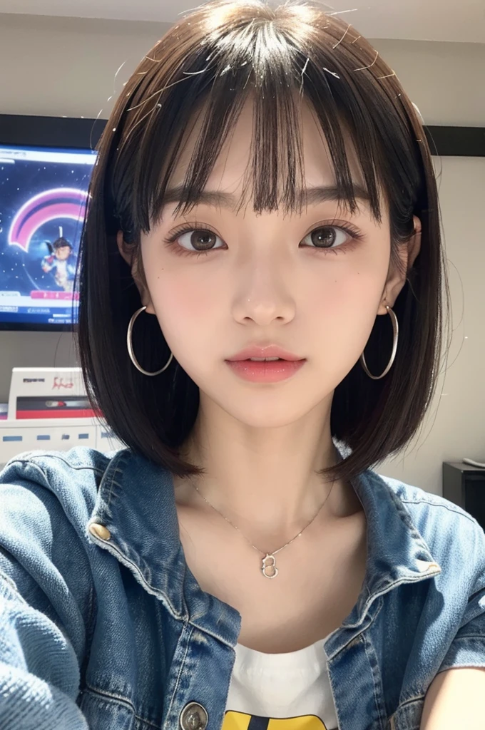 Game center, professional gamer, ((full body)), ((photo)), ((best qualtiy, 8K, tmasterpiece: 1.3)), Focus: 1.2, perfect figure beautiful girl: 1.4, 1girl, cowboy shot, look at viewer, eyes facing the camera, incredibly absurd, beautiful and cute girl with a photorealistic face, showcasing top-quality craftsmanship, A Japanese girl playing games at an arcade, 17 years old, with a bob cut, silky black hair, bangs cut at an angle to reveal her right eye, large eyes, a soft smile, tanned skin, thin and well-formed eyebrows, straight nose with a rounded tip, thin lips but a healthy, natural pink colour, small ears with pierced ears, a slender neck with a sharp jawline, a small face with well-formed facial features, fair, fine, translucent skin, long eyelashes that make the eye makeup stand out, eyes that are powerful but also kind, Well-aligned, white teeth, healthy, shiny skin and hair, friendly expression, , slender, well-balanced proportions, good posture, beautiful C-cup breasts, white character T-shirt, blue denim jacket, yellow shorts, white sneakers, silver earrings, tote bag with game character illustration printed on it, beautiful girl, moe, devilish type, sociable and easy to talk to, values ​​teamwork, curious and adventurous, has a sense of humor, July