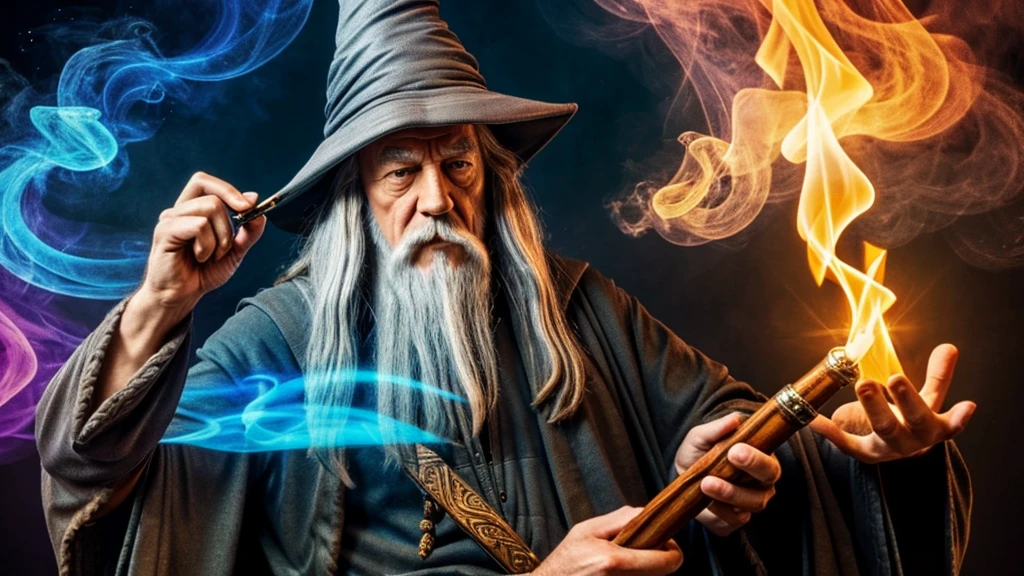 a Gandalf-like wizard smoking a pipe with lots of smoke and a psychedelic background