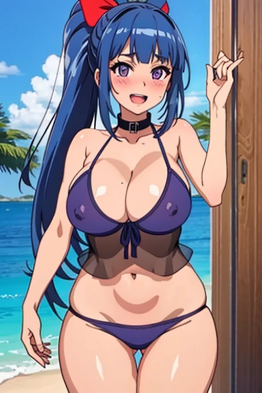 32k, ((Masterpiece, Best Quality)), edgQuality, edgBIC, Bikini under clothes., 1 girl, Alone, wide, medium breasts, erect nipples, long blue hair, with long ponytail, with red ribbon in her hair, purple eyes, looking at the viewer, blush, SMILE, Open mouth, Swimsuit, tits, White shirt, Bikini, outdoor, day, collar shirt, Transparent, using edgBIC