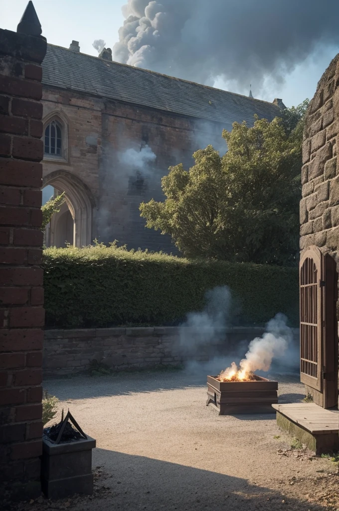 Image of a body being cremated with only the ashes appearing on the ground and the smoke rising to the sky in a small garden of a castle, There are many people in medieval times watching the cremation and all this is happening at night
