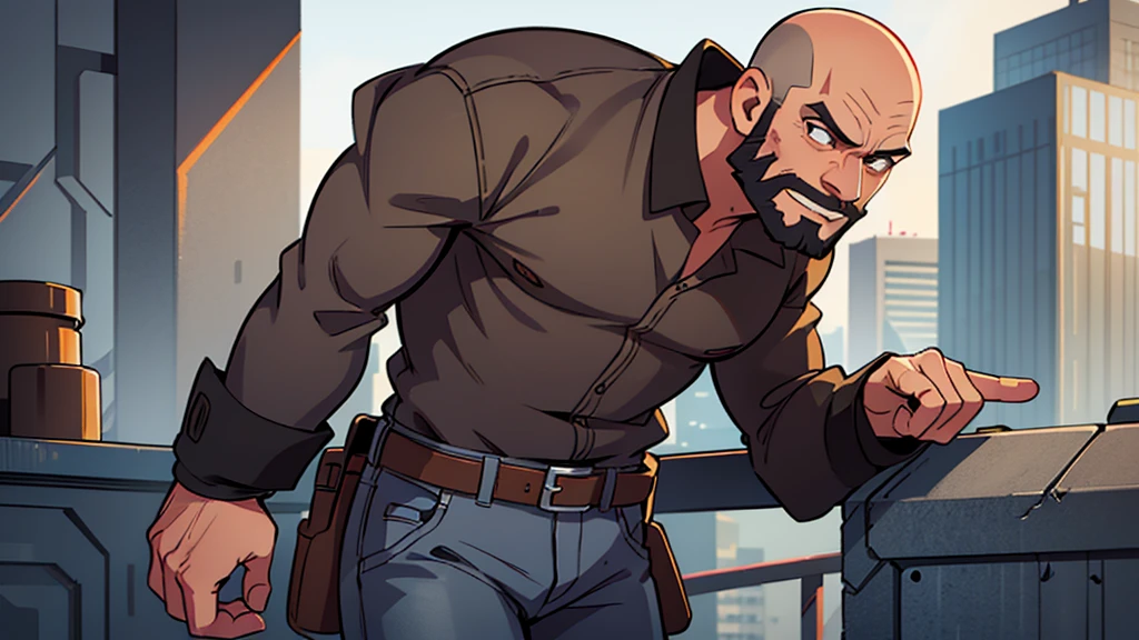 ultra high quality, solo, tall lean man, angular face, bald, kind brown eyes, full black beard, wearing a gray shirt and jeans with cowboy boots, standing