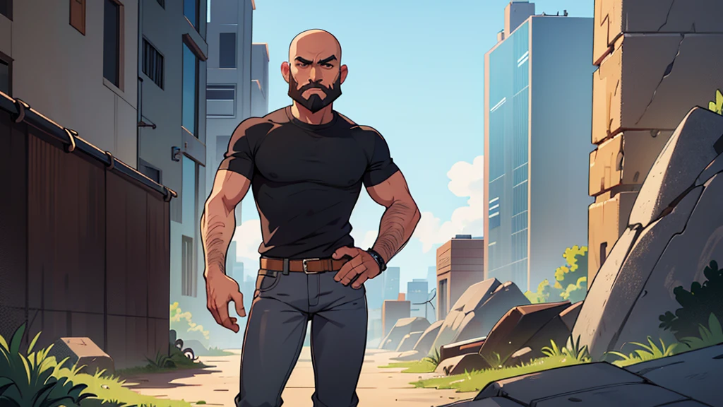 ultra high quality, solo, tall lean man, angular face, bald, kind brown eyes, full black beard, wearing a gray shirt and jeans with cowboy boots, standing